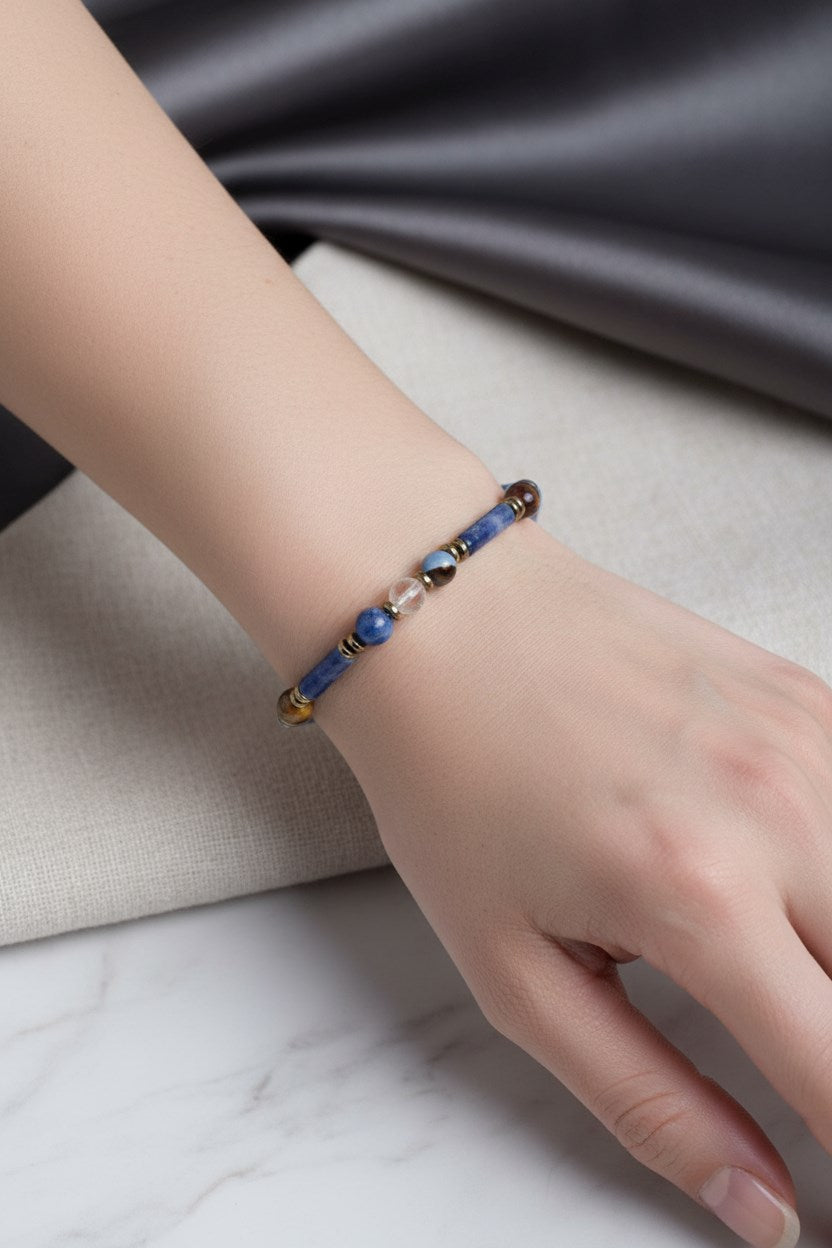 Lapis, Sodalit ve Bronzit Doğal Taş Aslan Burcu Bilekliği – Unisex Şık Tasarım