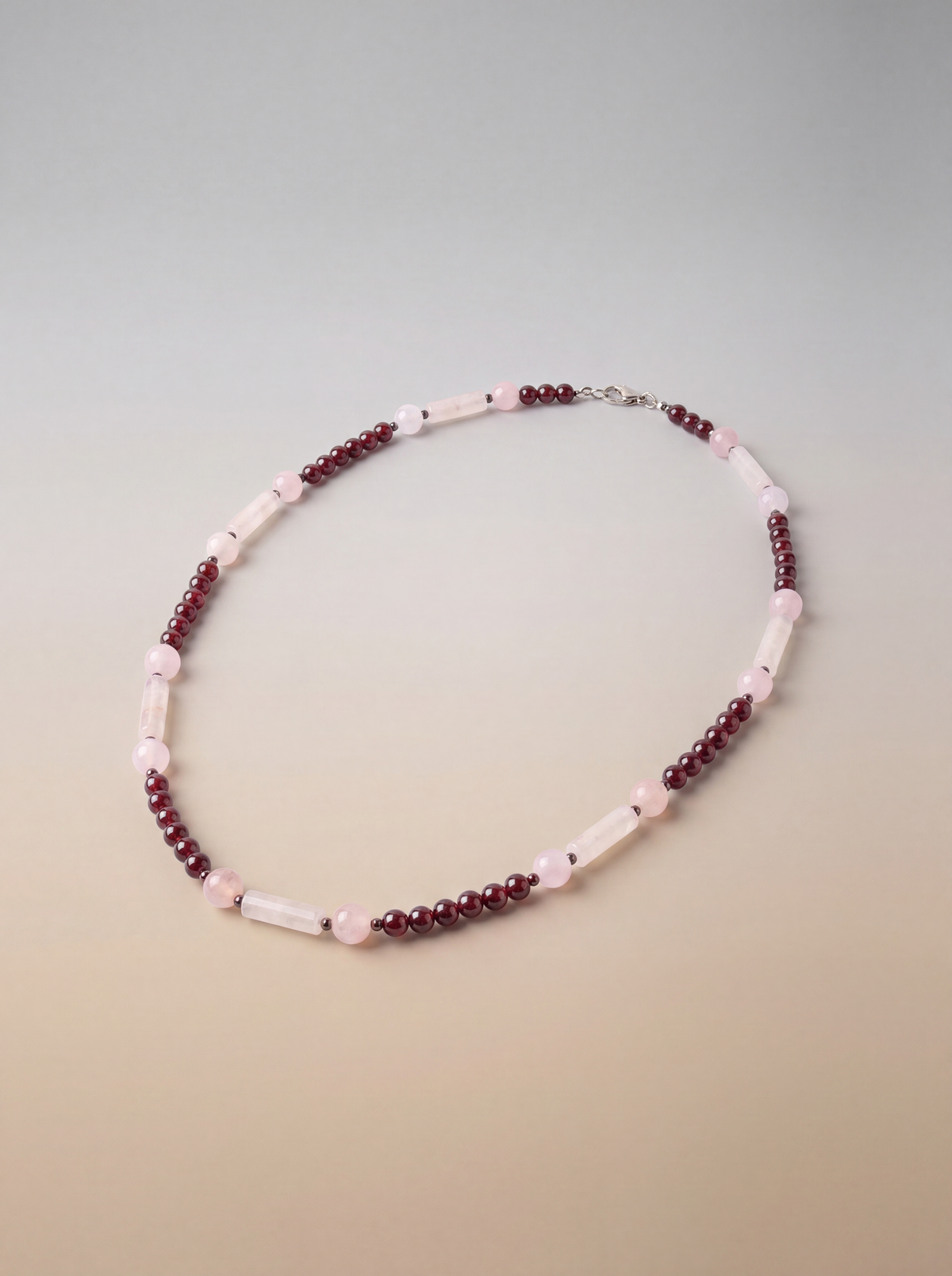 Pembe Kuvars - Lal Garnet - Hematit Doğal Taş Gümüş Kapamalı Kolye
