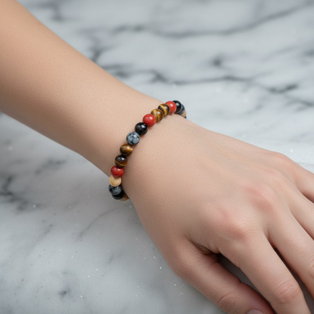 Oğlak Burcu Doğal Taş Bileklik – Dumanlı Kuvars, Dumortierit, Golden Obsidyen, Jasper & Kaplan Gözü