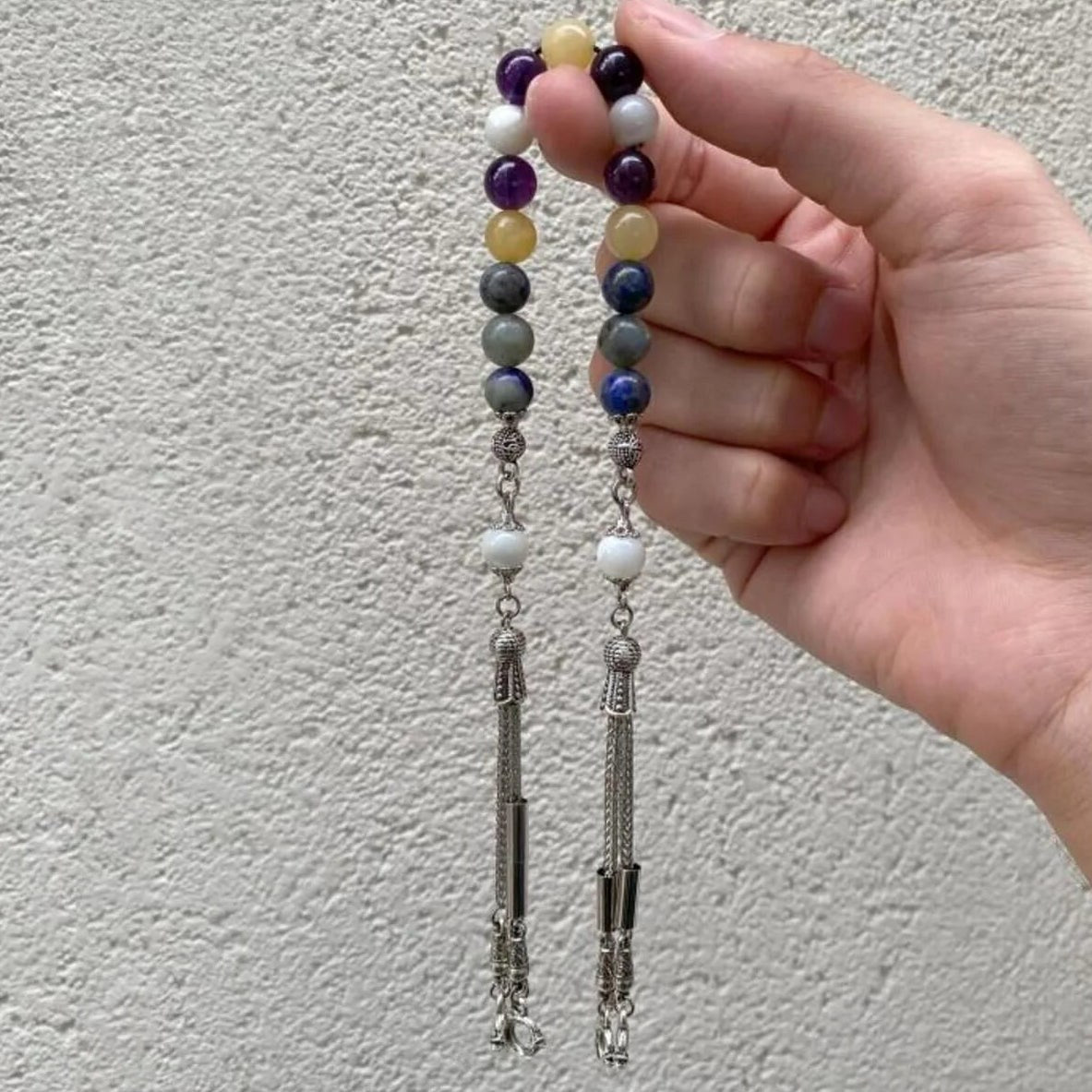 Yay Burcu Zaza Tesbih Doğal Taş Ametist, Kalsit, Labradorit, Lapis Lazuli, Sedef