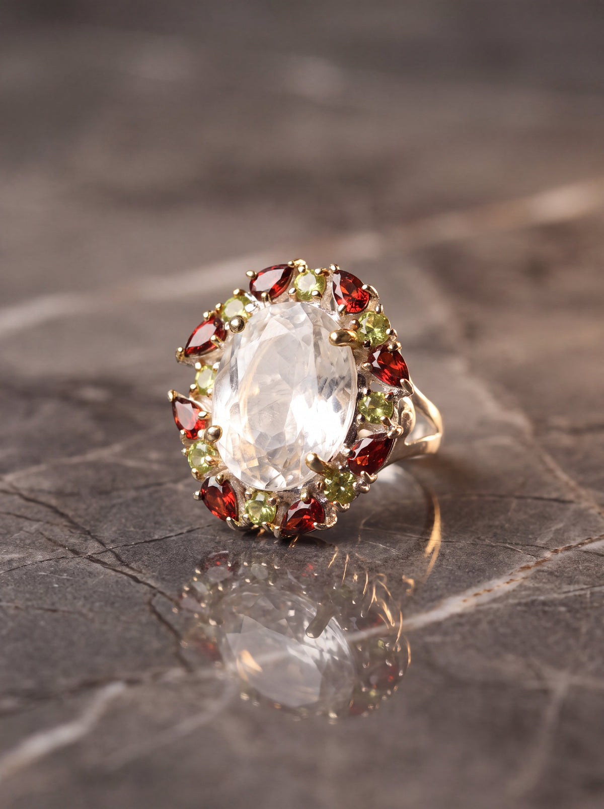 Kristal Kuvars - Garnet - Zebercet Doğal Taş 925 Ayar Gümüş Özel Tasarım Yüzük