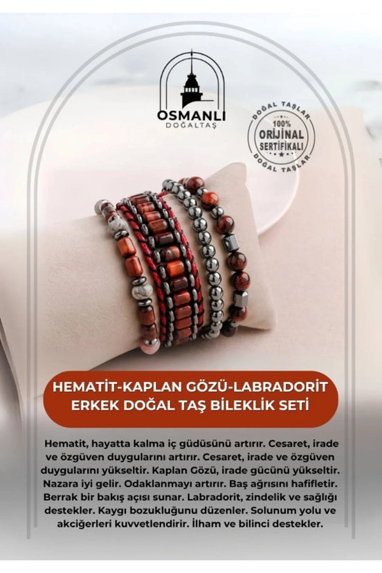 Hematit-Kaplan Gözü-Labradorit Erkek Doğal Taş Bileklik Seti