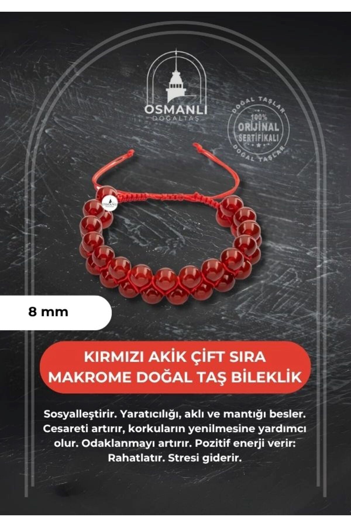 Kırmızı Akik 8mm Çift Sıra Makrome Doğal Taş Bileklik