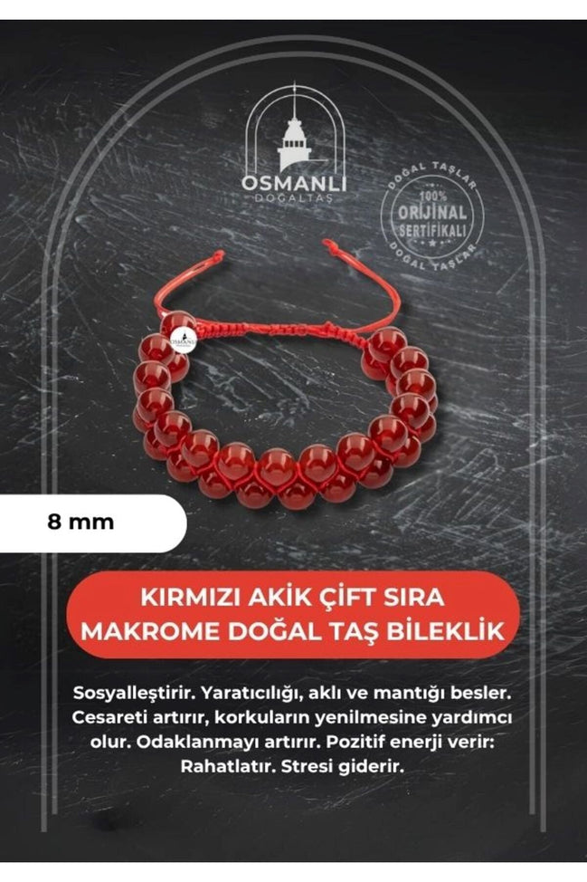 Kırmızı Akik 8mm Çift Sıra Makrome Doğal Taş Bileklik