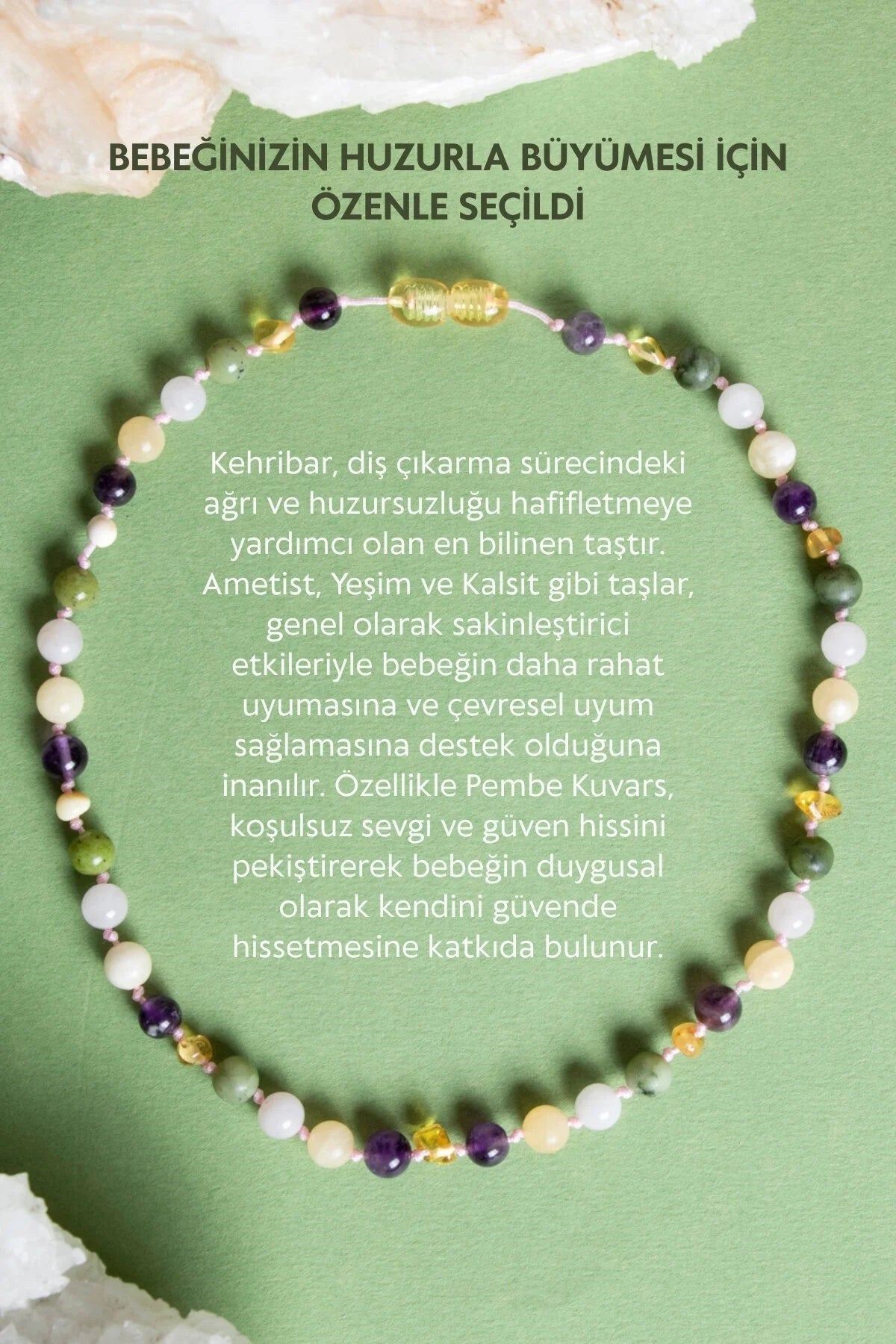 Bebek Kehribar Kolye- Ametist-kehribar-kalsit-yeşim-pembe Kuvars