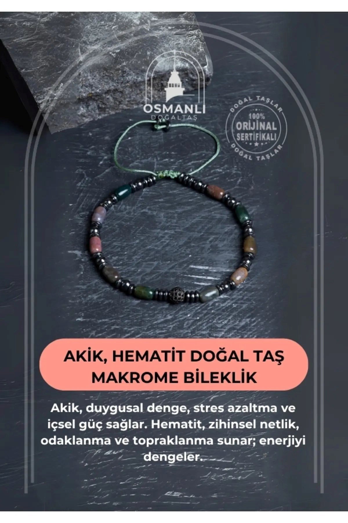 Akik, Hematit Doğal Taş Makrome Bileklik