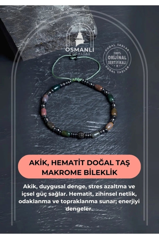 Akik, Hematit Doğal Taş Makrome Bileklik