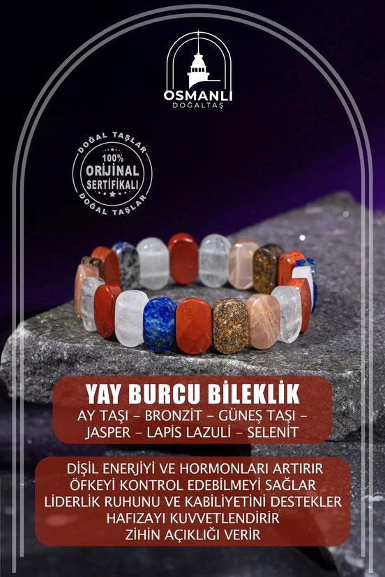 Yay Burcu Bileklik Ay Taşı, Bronzit, Güneş Taşı, Jasper, Lapis Lazuli, Selenit