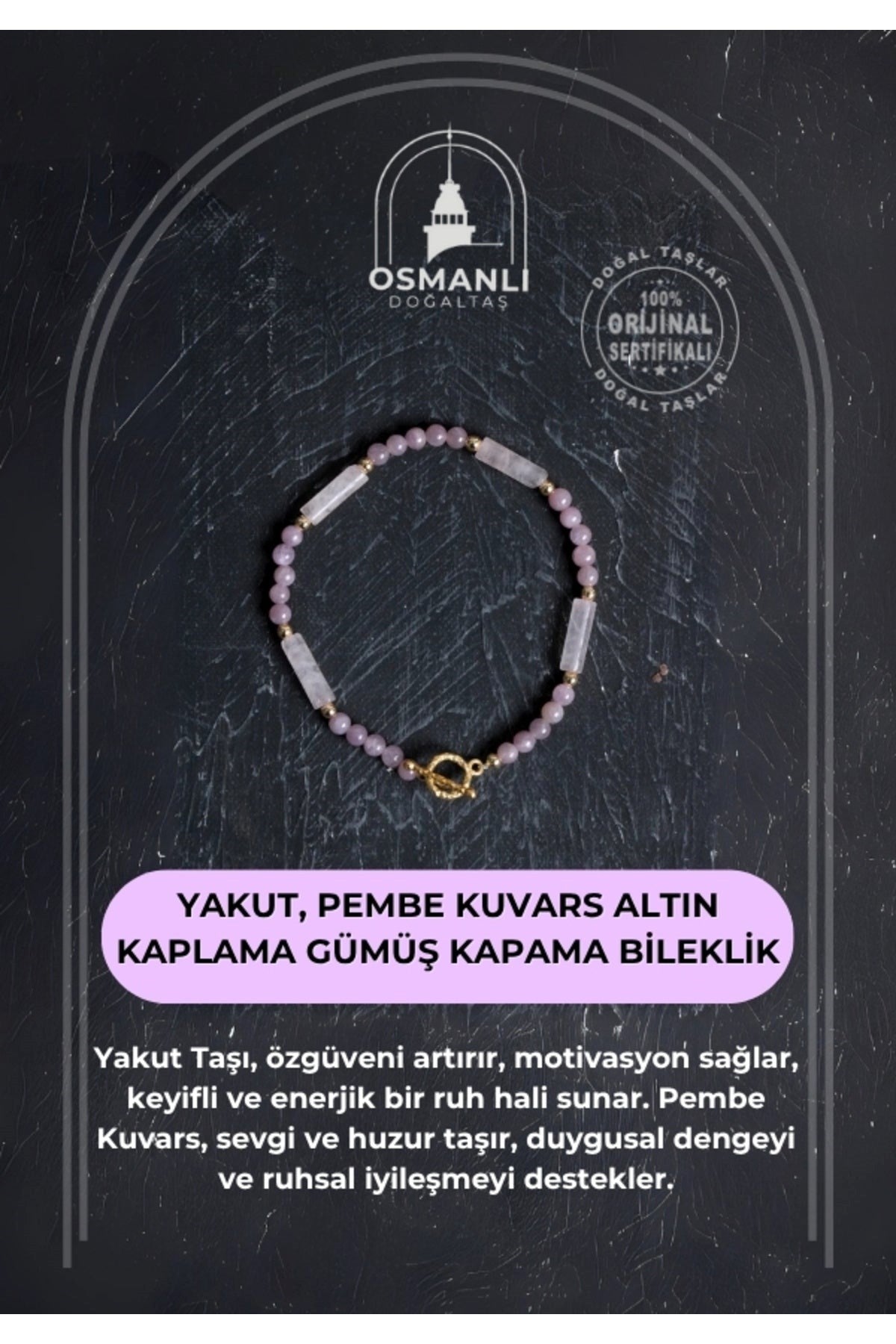 Sertifikalı Yakut, Pembe Kuvars Altın Kaplama Gümüş Kapama Bileklik