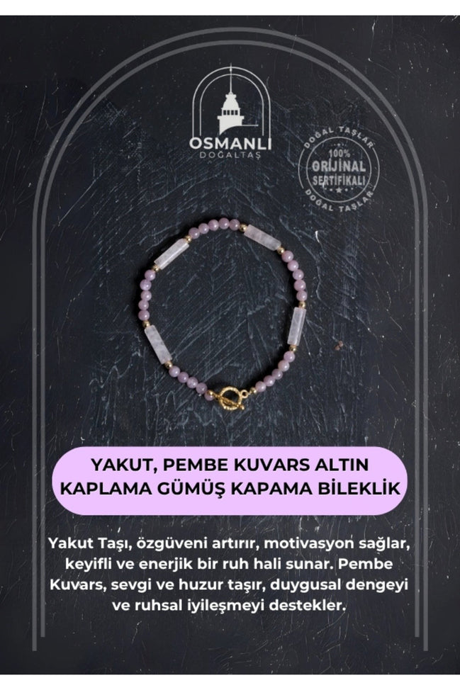 Sertifikalı Yakut, Pembe Kuvars Altın Kaplama Gümüş Kapama Bileklik