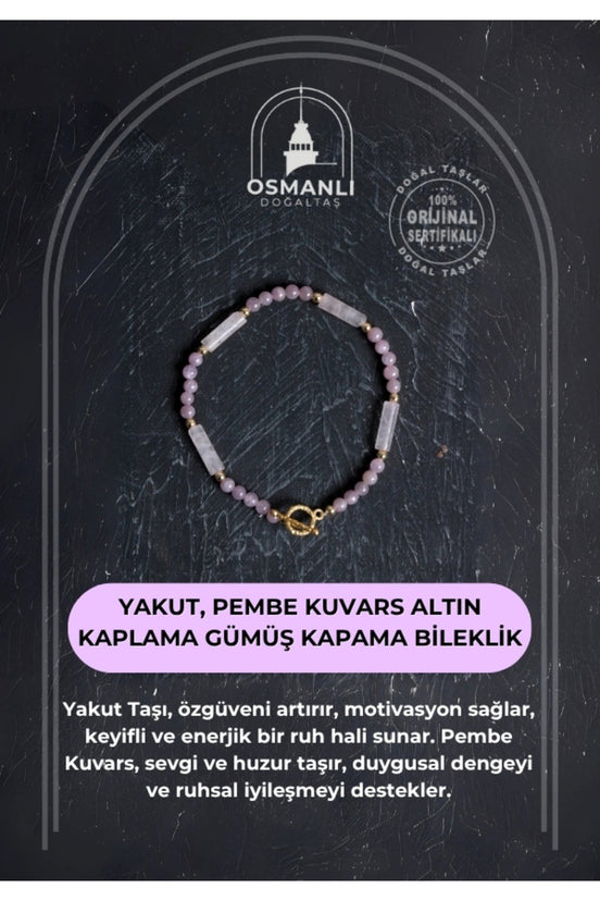 Sertifikalı Yakut, Pembe Kuvars Altın Kaplama Gümüş Kapama Bileklik