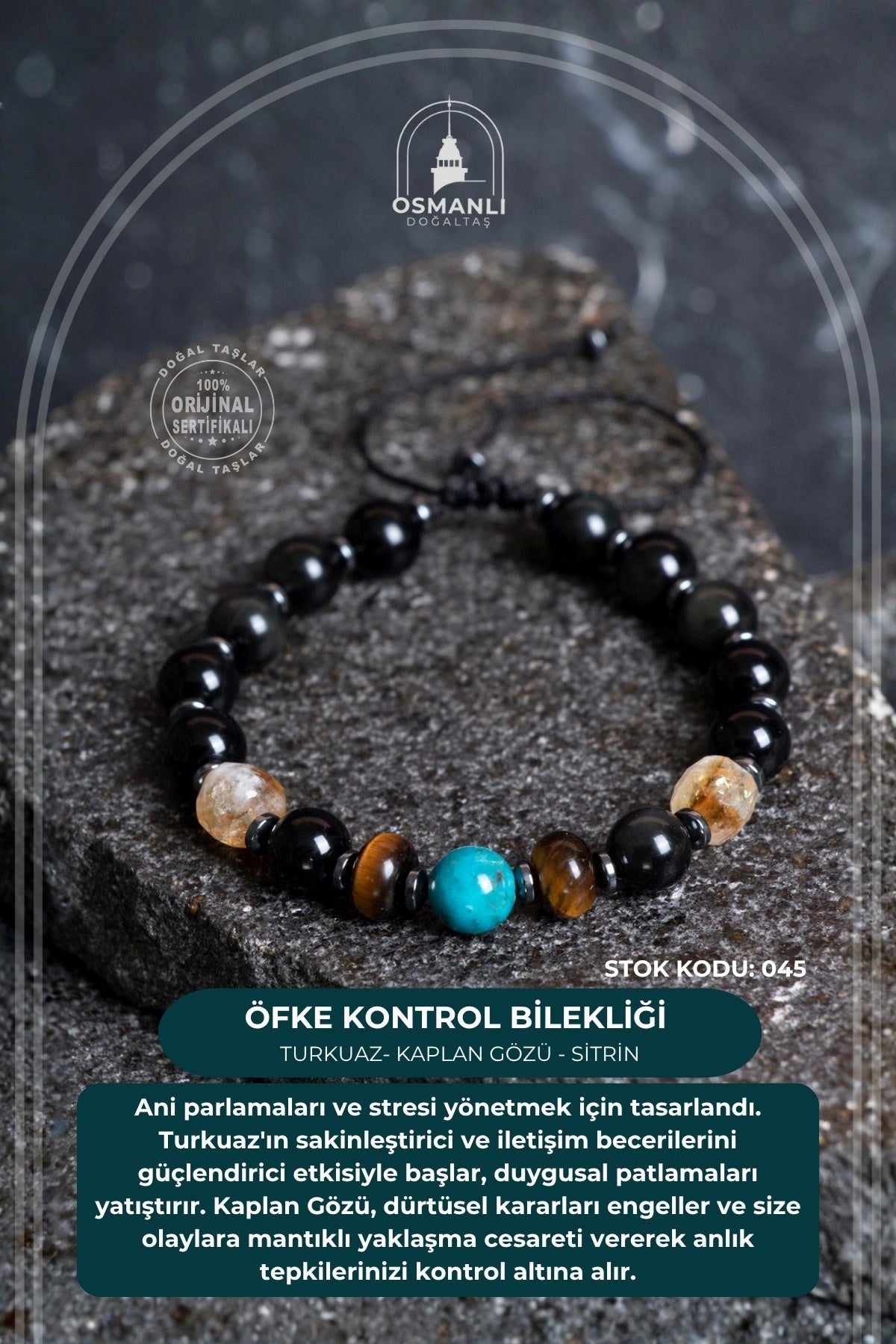 Turkuaz (Firuze) - Kaplan Gözü - Sitrin Doğal Taş Öfke Kontrol Bilekliği S.K: 045
