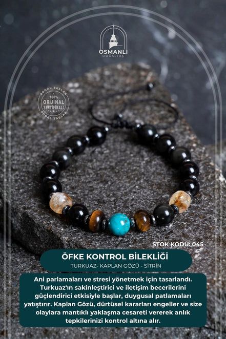 Turkuaz (Firuze) - Kaplan Gözü - Sitrin Doğal Taş Öfke Kontrol Bilekliği S.K: 045