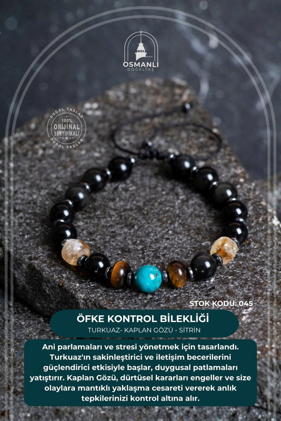 Turkuaz (Firuze) - Kaplan Gözü - Sitrin Doğal Taş Öfke Kontrol Bilekliği S.K: 045