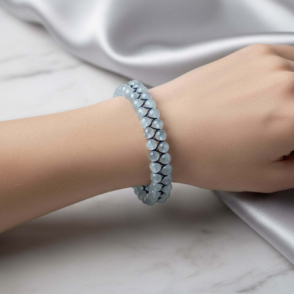 Akuamarin 4 mm Çift Sıra Doğal Taş Bileklik – Unisex El İşçiliği