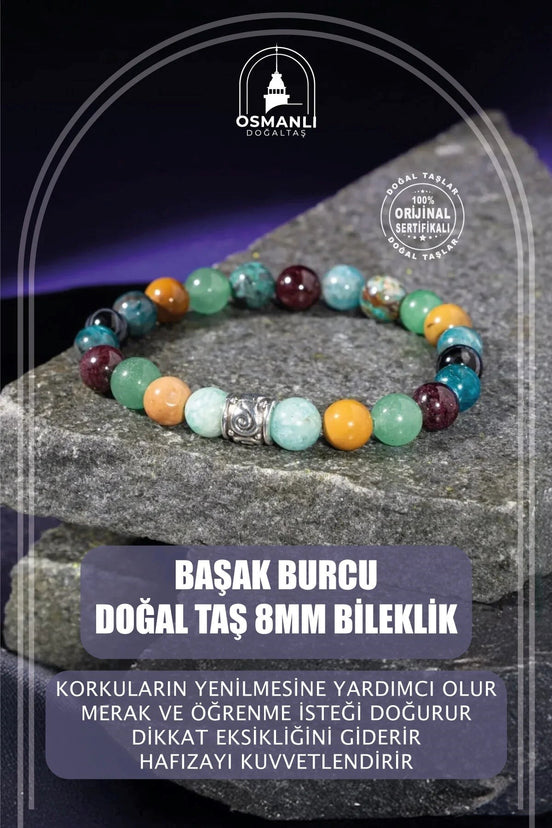 Başak Burcu Bileklik Amazonit, Bordo Granat Lal, Jasper, Krizokol, Mavi Apatit, Siyah Göz Akik, Yeşil Aventurin