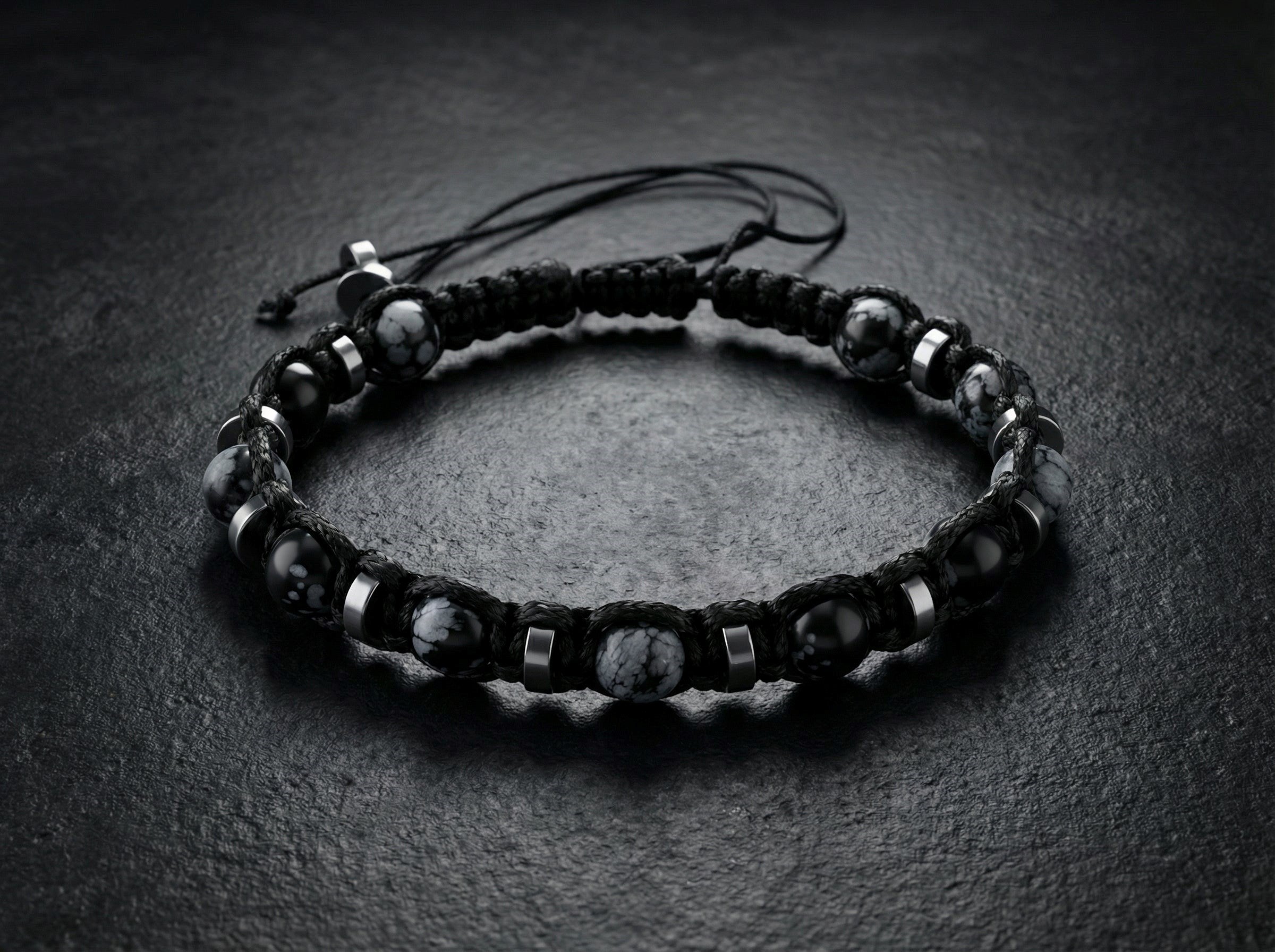 Karlı Obsidyen & Hematit – 6 mm – İpli Model Erkek Bilekliği