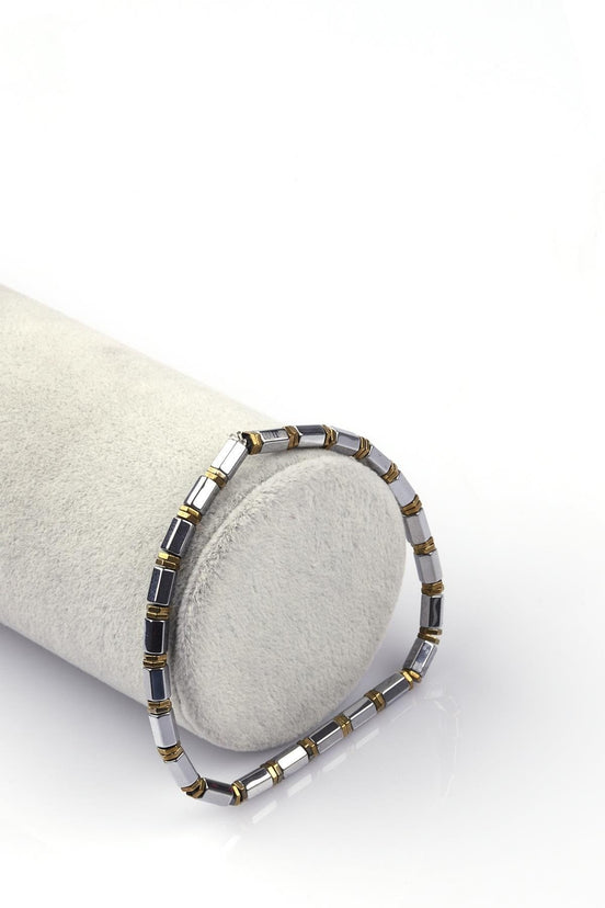 Gümüş Gri – Gold Renkli Hematit Doğal Taş Bileklik | 5 × 3 mm Rondel Kesim