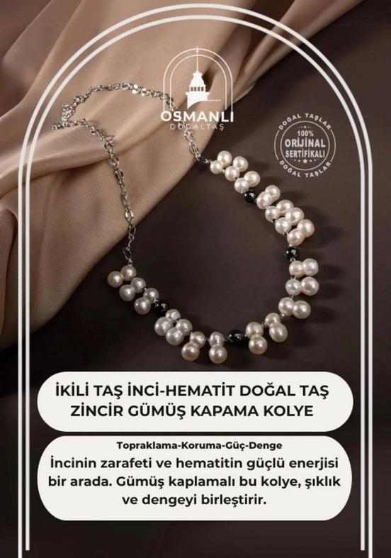 İkili Taş İnci-Hematit Doğal Taş Zincir Gümüş Kapama Kolye