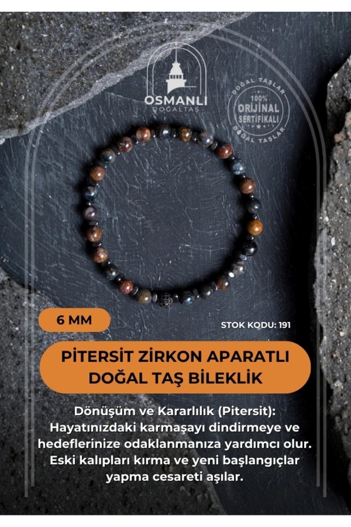 Pitersit Zirkon Aparatlı Doğal Taş Bileklik-6 mm (SK:191)