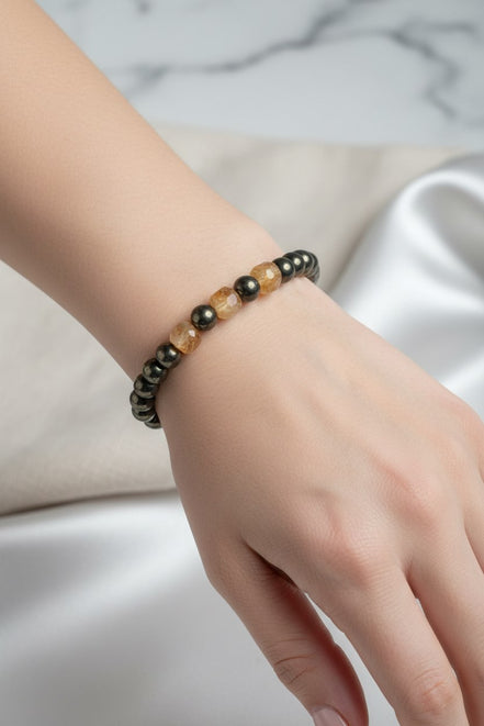 Sitrin ve Pirit Doğal Taş Bileklik – 8 mm Misinalı, Unisex Tasarım