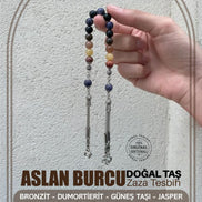 Aslan Burcu Zaza Tesbih Doğal Taş Bronzit, Dumortierit, Güneş Taşı, Jasper, Kalsit, Siyah Göz Akik
