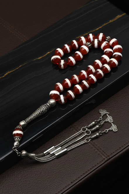 Beyaz Çizgili Akik Doğal Taş Tesbih – 8 mm Fasetli Küre Kesim