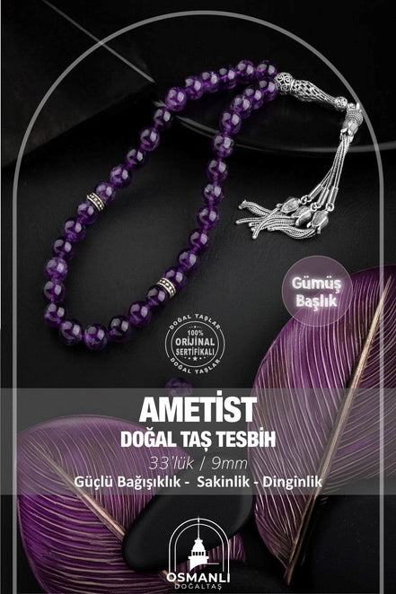 Ametist Doğal Taş 9mm Gümüş Tesbih