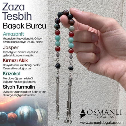 Başak Burcu Zaza Tesbih Doğal Taş Amazonit, Jasper, Kırmızı Akik, Krizokol, Siyah Turmalin
