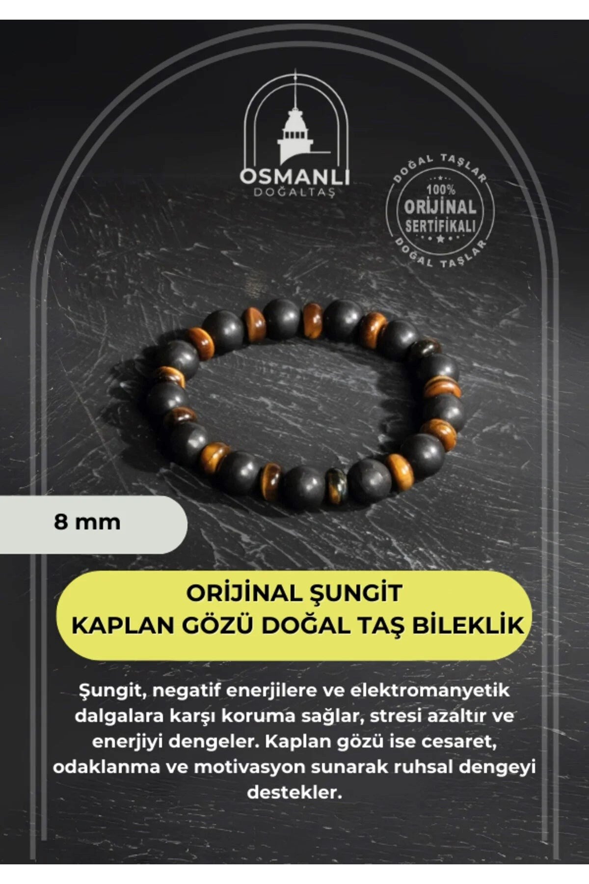 Orijinal Şungit Dar Kesim Kaplan Gözü Doğal Taş Bileklik