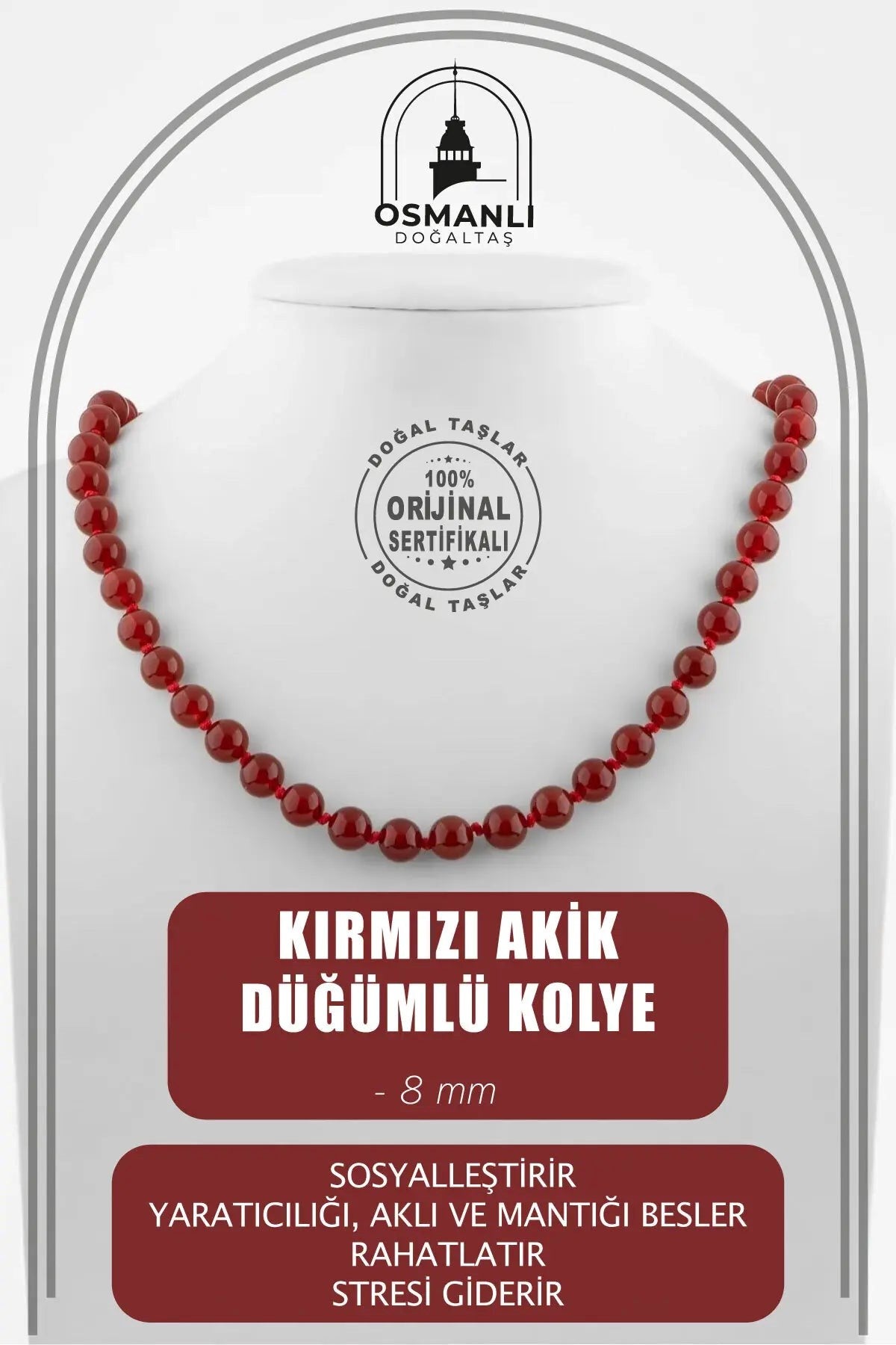 Kırmızı Akik 8 mm Düğümlü Doğal Taş Kolye