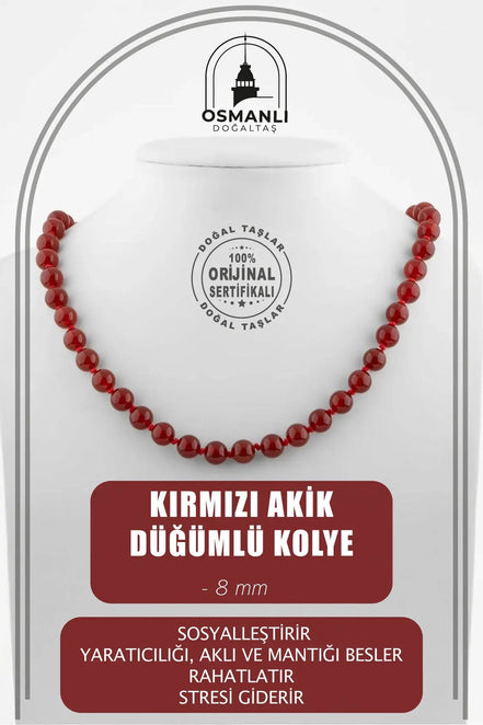Kırmızı Akik 8 mm Düğümlü Doğal Taş Kolye