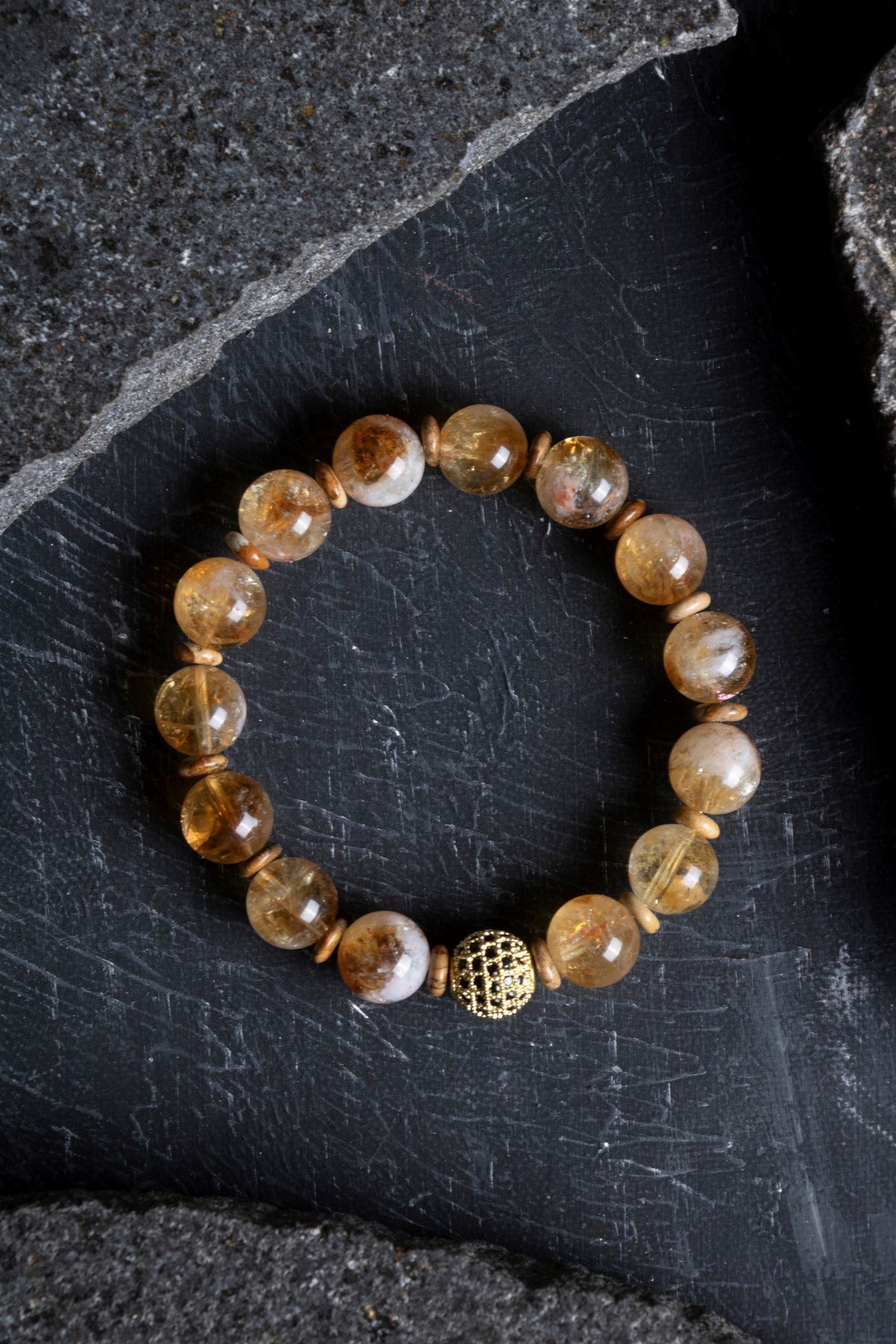 Sertifikalı Odun Jasper, Sitrin Zirkon Aparatlı Doğal Taş Bileklik-10 mm (SK:175)