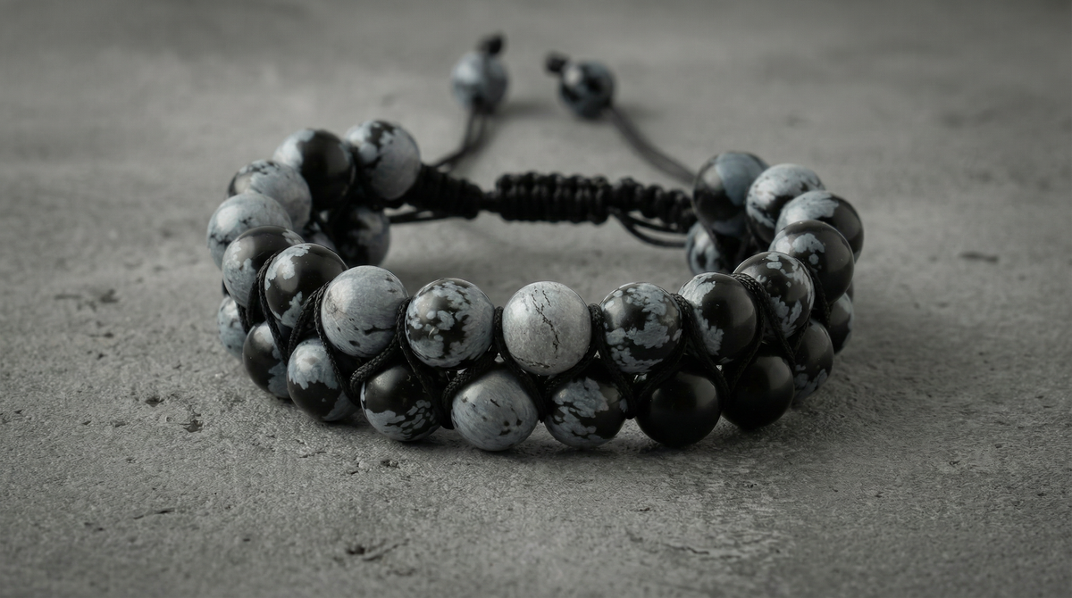 Karlı Obsidyen 8mm Çift Sıra Makrome Doğal Taş Bileklik