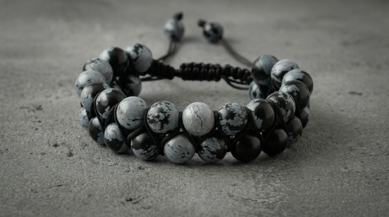 Karlı Obsidyen 8mm Çift Sıra Makrome Doğal Taş Bileklik