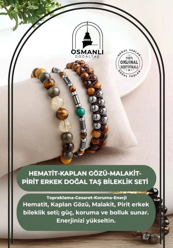 Hematit-Kaplan Gözü-Malakit-Pirit Erkek Doğal Taş Bileklik Seti