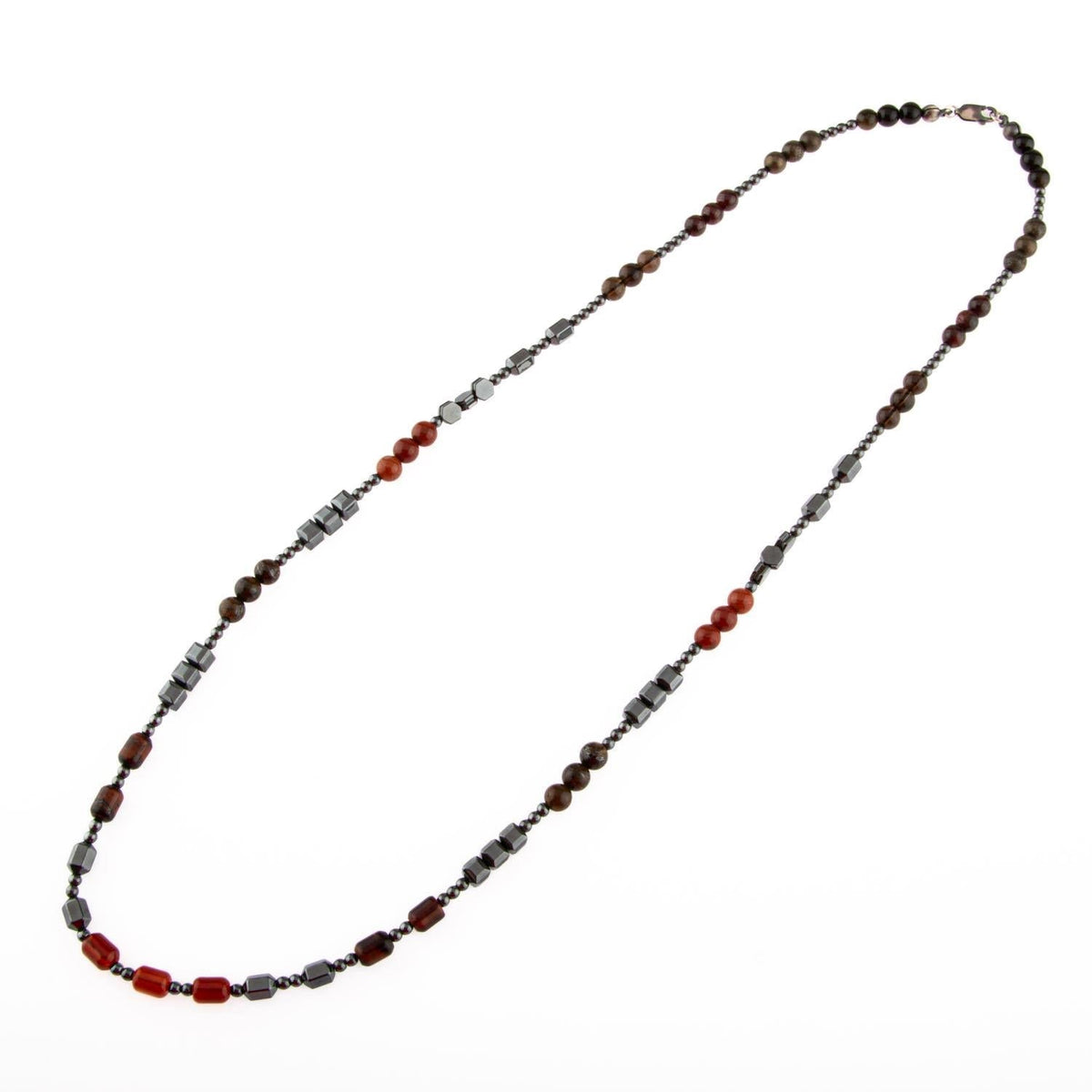 Obsidyen, Pirit, Dumanlı Kuvars, Jasper, Bronzit, Kaplan Gözü, Kırmızı Akik, Lal Taşı & Hematit Doğal Taş Erkek Tasarım Kolye – Özel Tasarım (70 cm)