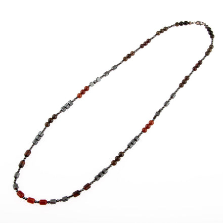 Obsidyen, Pirit, Dumanlı Kuvars, Jasper, Bronzit, Kaplan Gözü, Kırmızı Akik, Lal Taşı & Hematit Doğal Taş Erkek Tasarım Kolye – Özel Tasarım (70 cm)