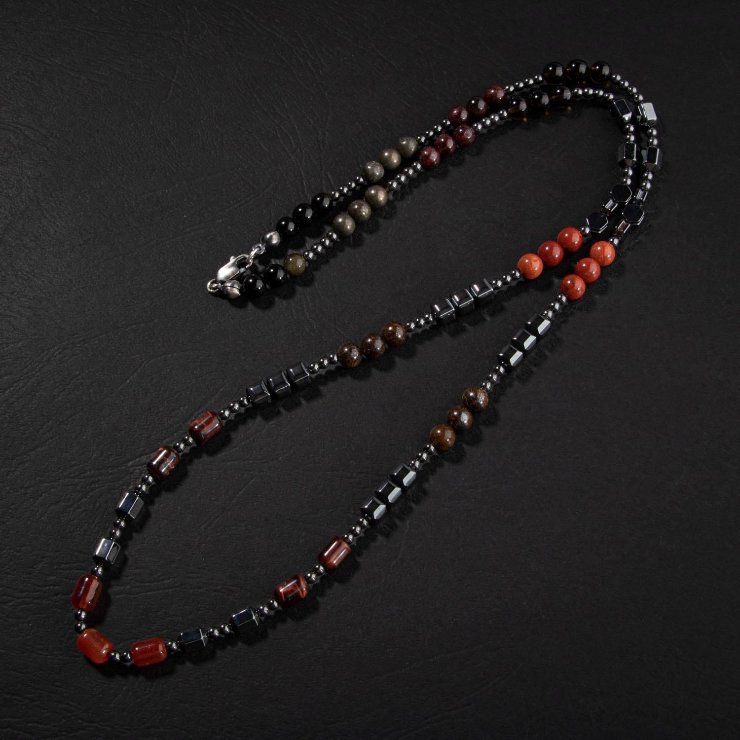 Obsidyen, Pirit, Dumanlı Kuvars, Jasper, Bronzit, Kaplan Gözü, Kırmızı Akik, Lal Taşı & Hematit Doğal Taş Erkek Tasarım Kolye – Özel Tasarım (70 cm)