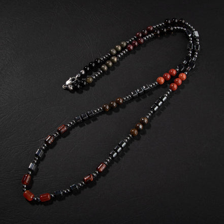 Obsidyen, Pirit, Dumanlı Kuvars, Jasper, Bronzit, Kaplan Gözü, Kırmızı Akik, Lal Taşı & Hematit Doğal Taş Erkek Tasarım Kolye – Özel Tasarım (70 cm)
