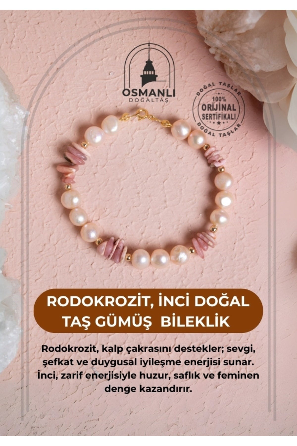 Rodokrozit, İnci Doğal Taş Gümüş Bileklik