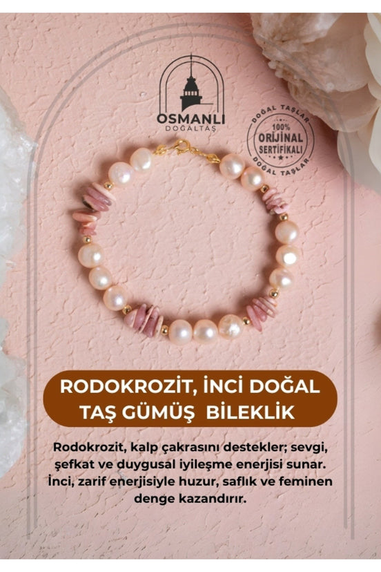 Rodokrozit, İnci Doğal Taş Gümüş Bileklik