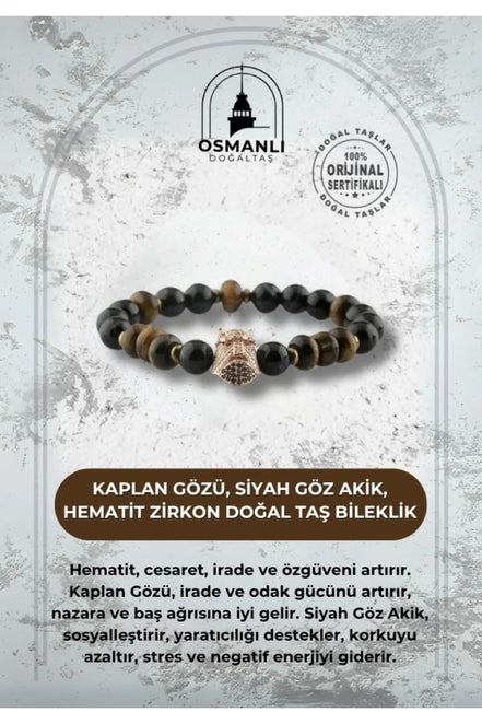 Kaplan Gözü-Siyah Göz Akik-Hematit Zirkon Doğal Taş Bileklik