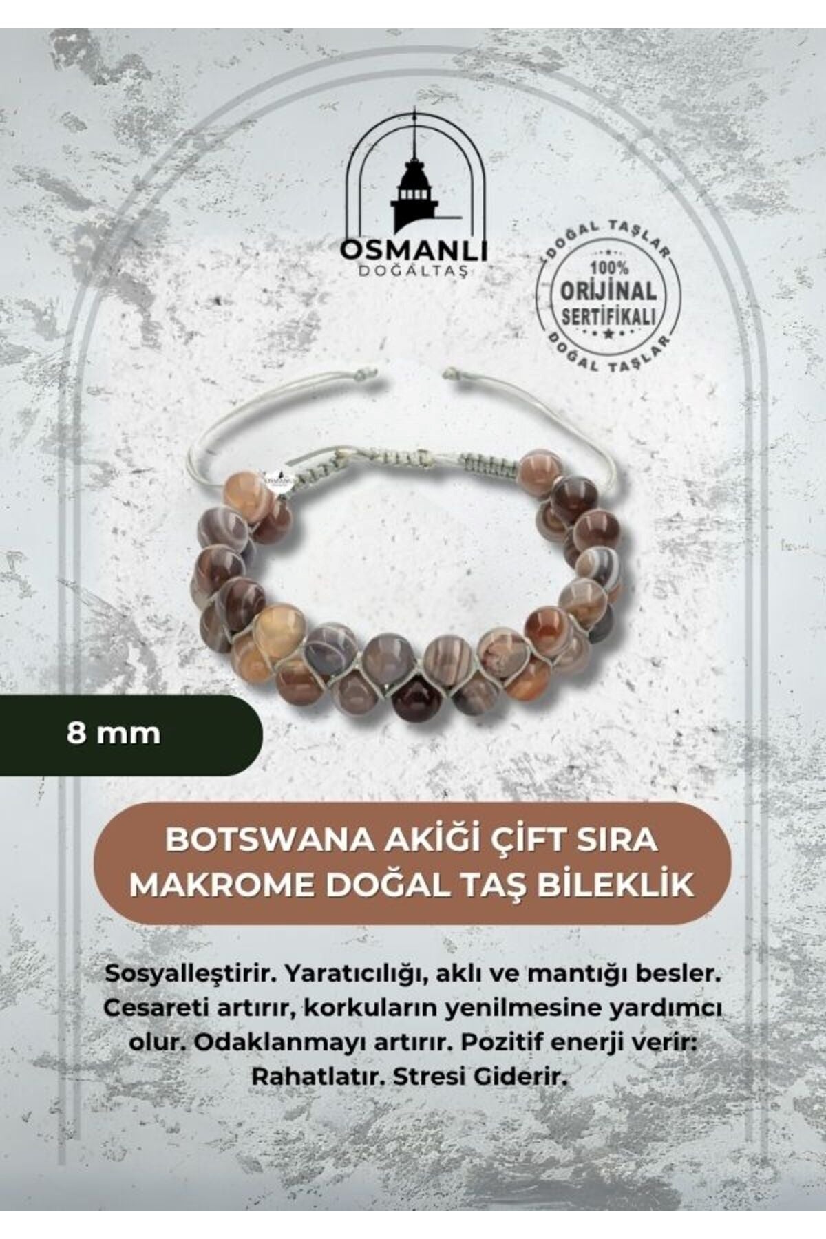 Botswana Akiği 8mm Çift Sıra Makrome Doğal Taş Bileklik