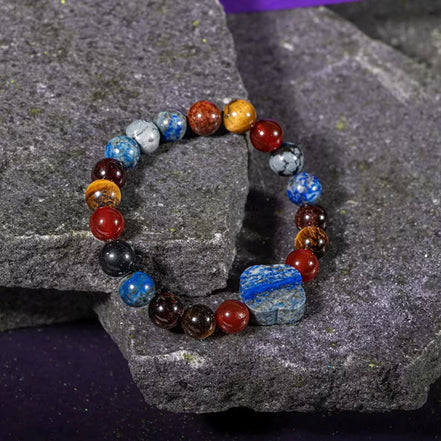 Oğlak Burcu Bileklik Bordo Granat Lal, Kaplan Gözü, Karlı Obsidyen, Kırmızı Akik, Lapis Lazuli