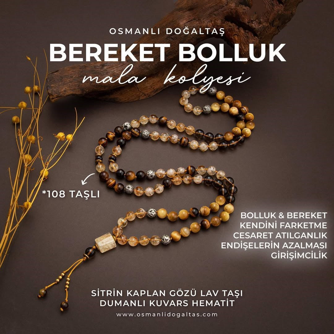 Kaplan Gözü-Sitrin-Lav Taşı Doğal Taş 108 Niyet Taşı Mala Kolyesi