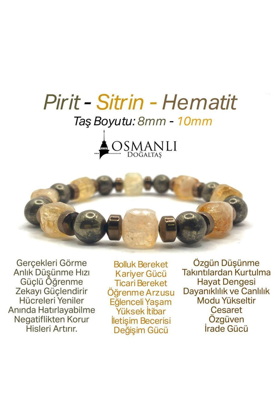 Hakiki Orijinal 8mm Pirit - Sitrin - Hematit Doğal Taş Misinalı Bileklik