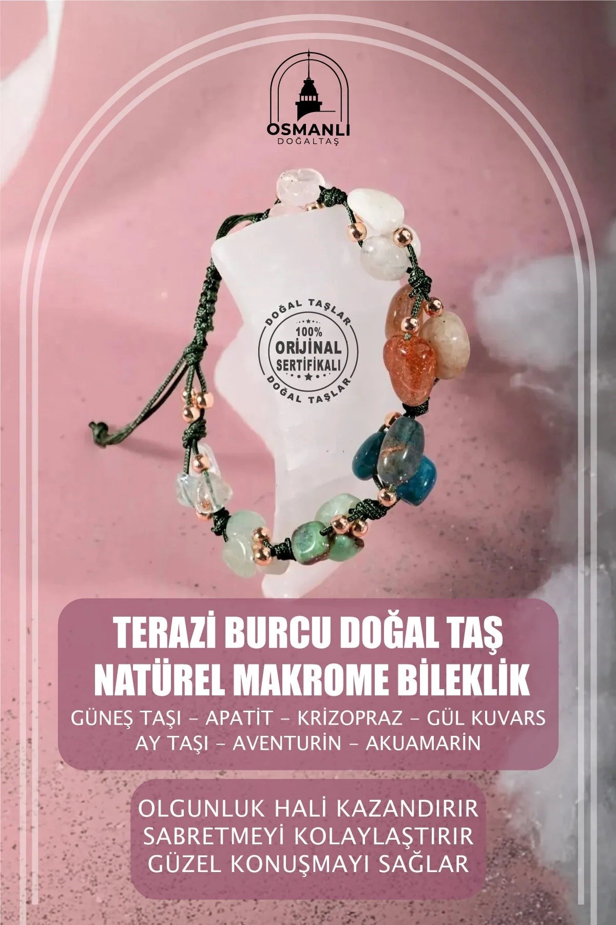 Terazi Burcu Bileklik Akuamarin, Ay Taşı, Güneş Taşı, Krizopras, Mavi Apatit, Pembe Kuvars, Yeşil Aventurin