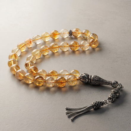 Sitrin Doğal Taş Tesbih – 925 Ayar Gümüş – 8 mm Küre Kesim