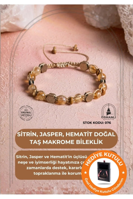 Sertifikalı Sitrin, Jasper, Hematit, Doğal Taş Makrome Bileklik (SK:076)